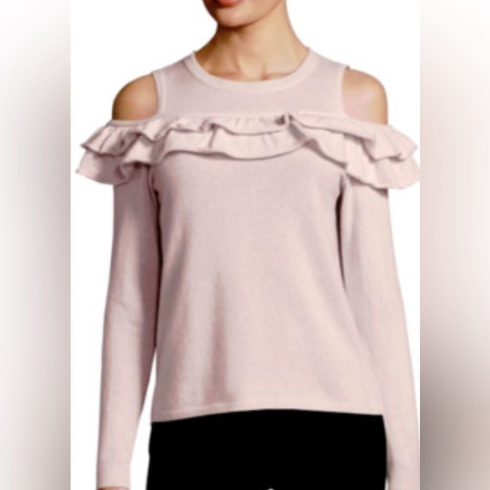 Saks Fifth Avenue Cream cold-Shoulder Ruffle Cashmere Sweater medium